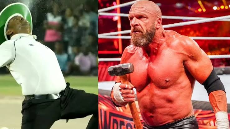 भारतीय अंपायर ने Triple H स्टाइल में वाइड का इशारा करते हुए।