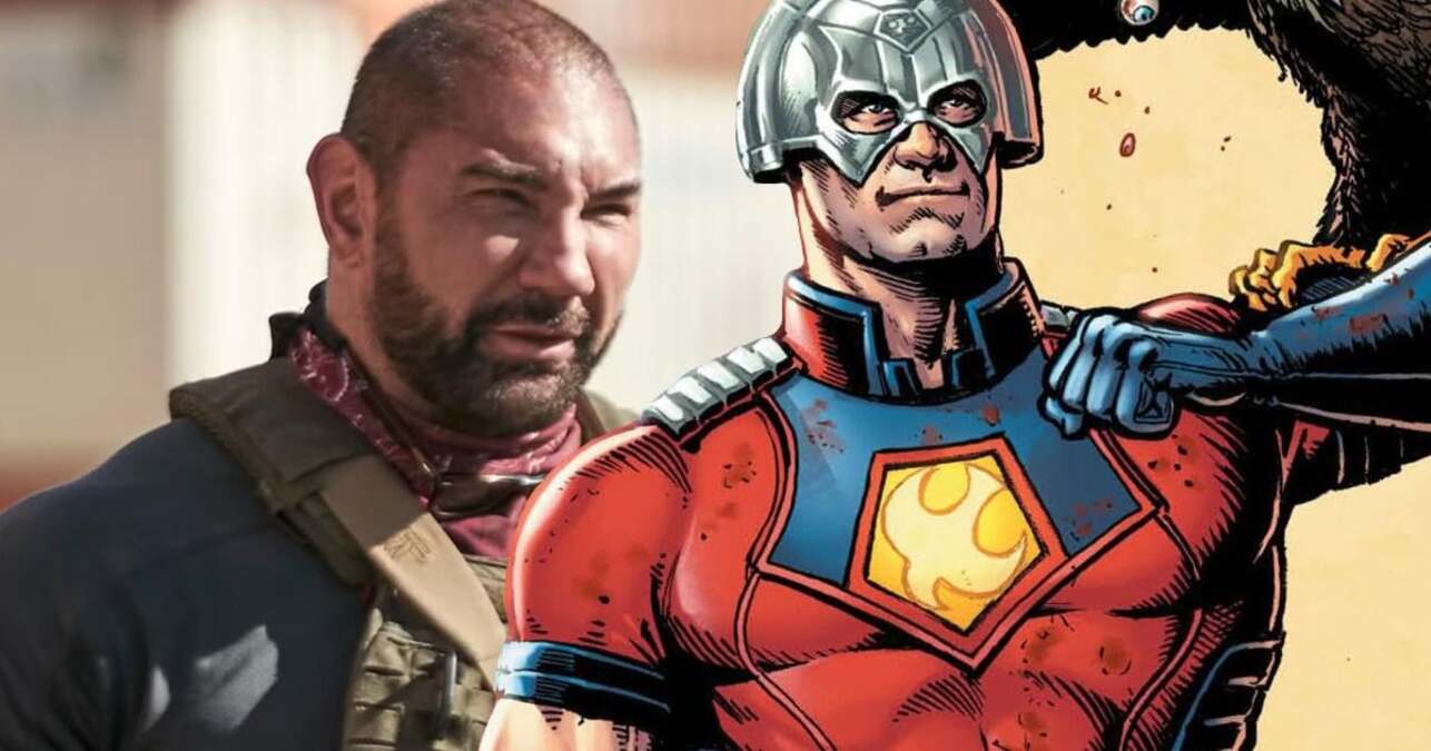 A collage of Batista and John Cena as Peacemaker, highlighting their WWE rivalry and Hollywood careers.