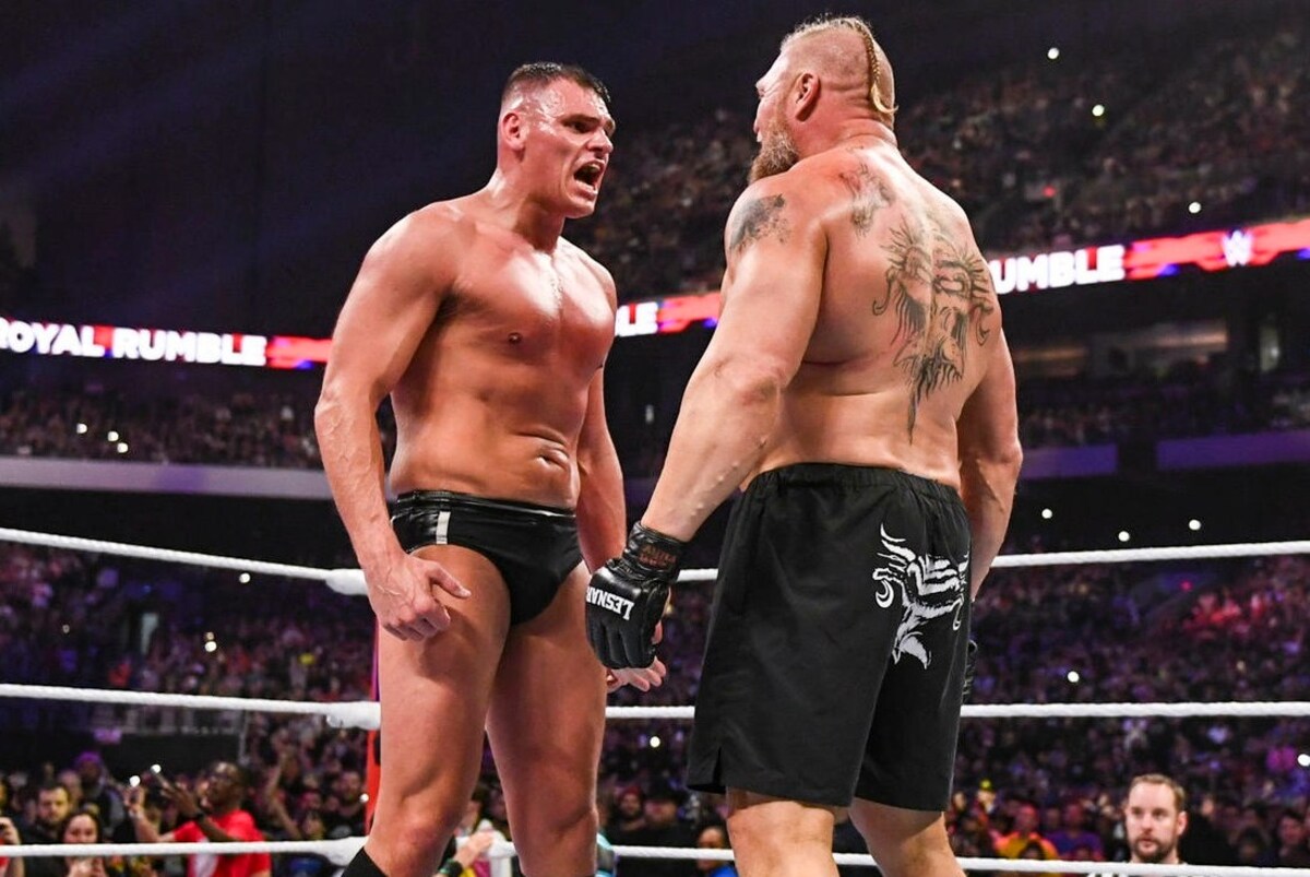 A promotional image suggesting a dream match between Gunther and Brock Lesnar for WrestleMania.