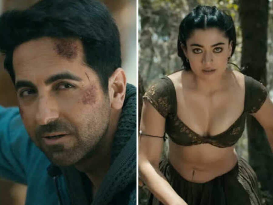 थम्मा फिल्म का पोस्टर जिसमें आयुष्मान खुराना और रश्मिका मंदाना हैं।