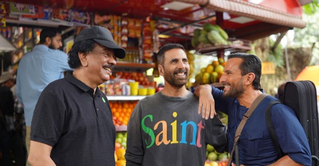 अक्षय कुमार और सैफ अली खान 'हैवान' के एक्शन सीक्वेंस के दौरान, कारों के बीच में।