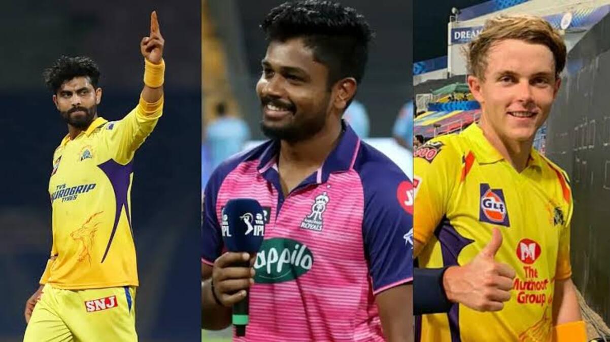 सैमसन, रवींद्र जडेजा और सैम कुरेन की तस्वीरें, IPL की सबसे बड़ी ट्रेड डील को दर्शाते हुए।