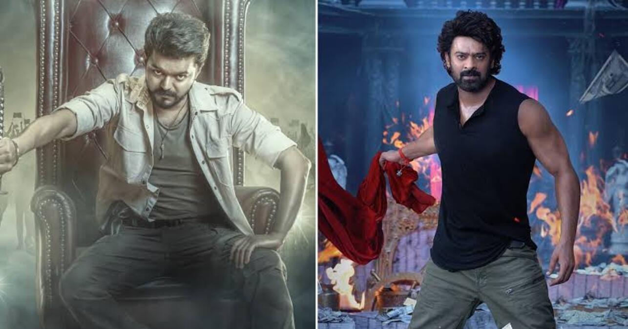 प्रभास और थलपति विजय की तस्वीरें, उनके बीच बॉक्स ऑफिस क्लैश को दर्शाते हुए।